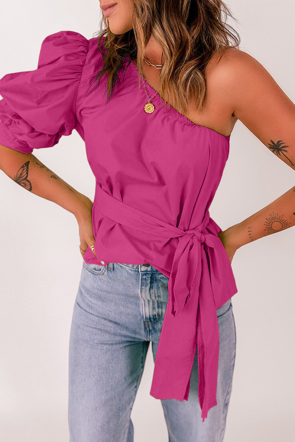 Tied Puff Sleeve One-Shoulder Top