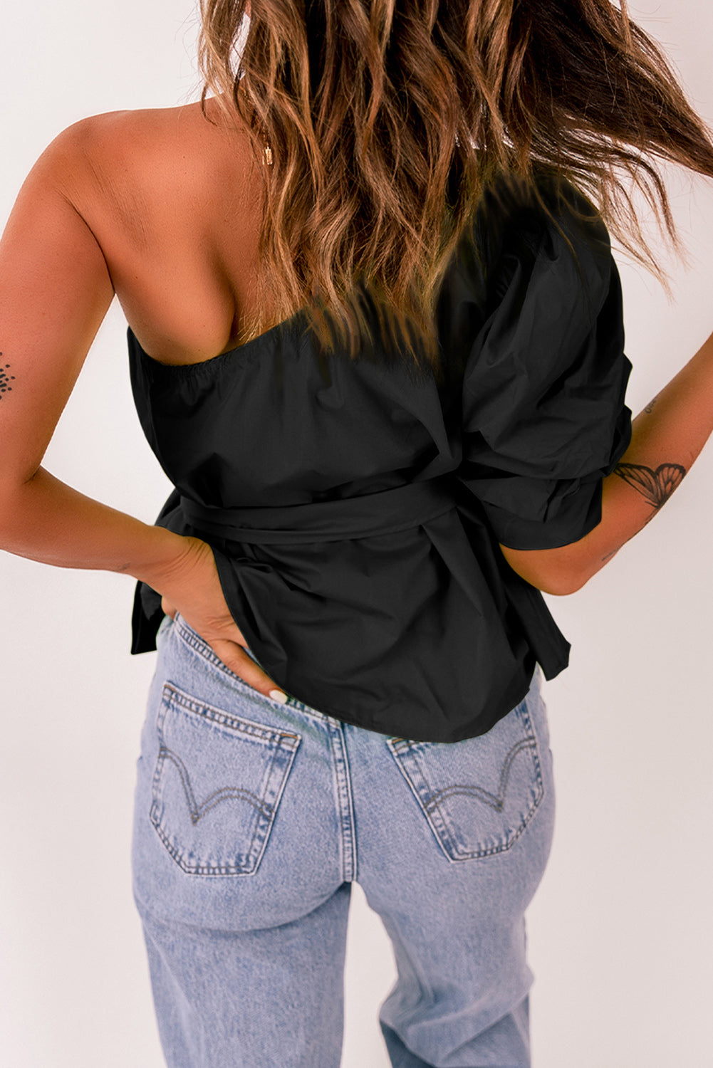 Tied Puff Sleeve One-Shoulder Top