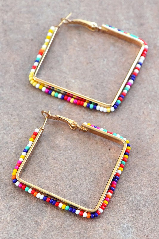 Multicolor Beaded Square Hoop Earrings